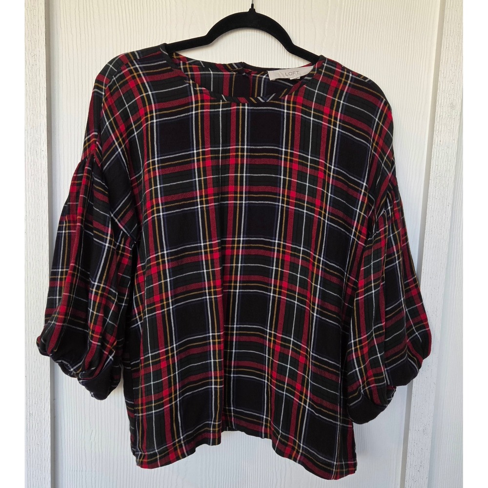 LOFT Plaid Puff Sleeve Button Back Blouse XS Academia Preppy Fall